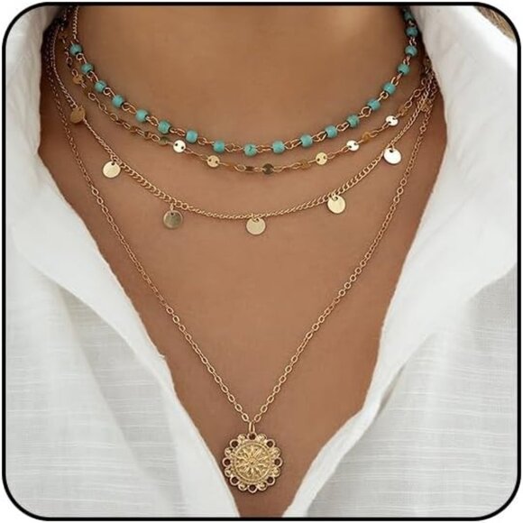 Turquoise Beaded Necklace Set - Stylish Layered Boho Jewelry for Every Occasion - Picture 1 of 9